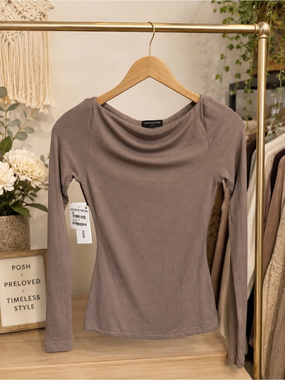NWT Naked Wardrobe Taupe Long Sleeve Fitted Top XS